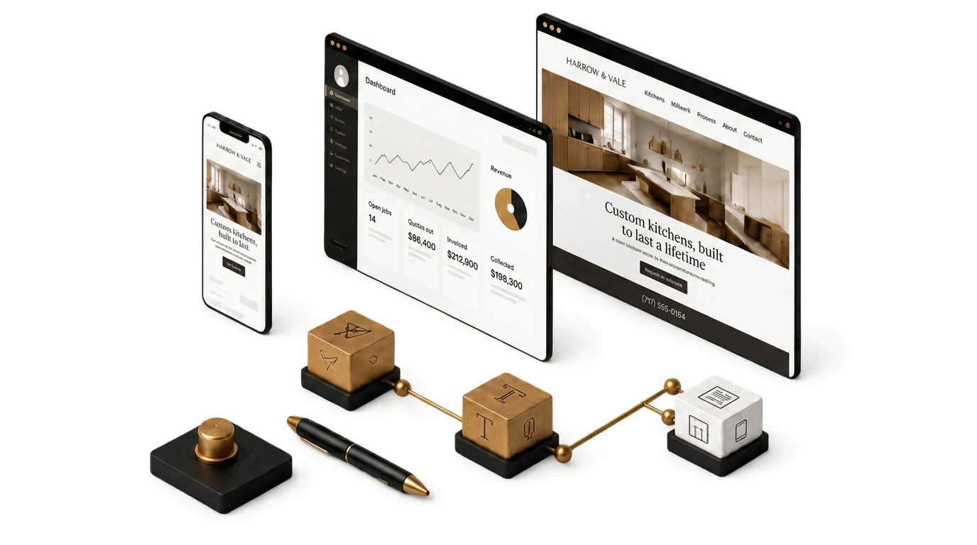 An isometric illustration of a phone, a business dashboard and a desktop browser showing the website of Harrow & Vale, an example cabinetry company, beside brass design blocks and a pen